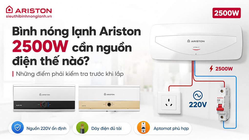 Bình nóng lạnh Ariston 2500W cần nguồn điện thế nào? Những điểm phải kiểm tra trước khi lắp