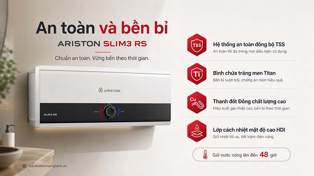 Ariston SLIM3 RS 30 lít sở hữu thiết kế ngang thanh mảnh