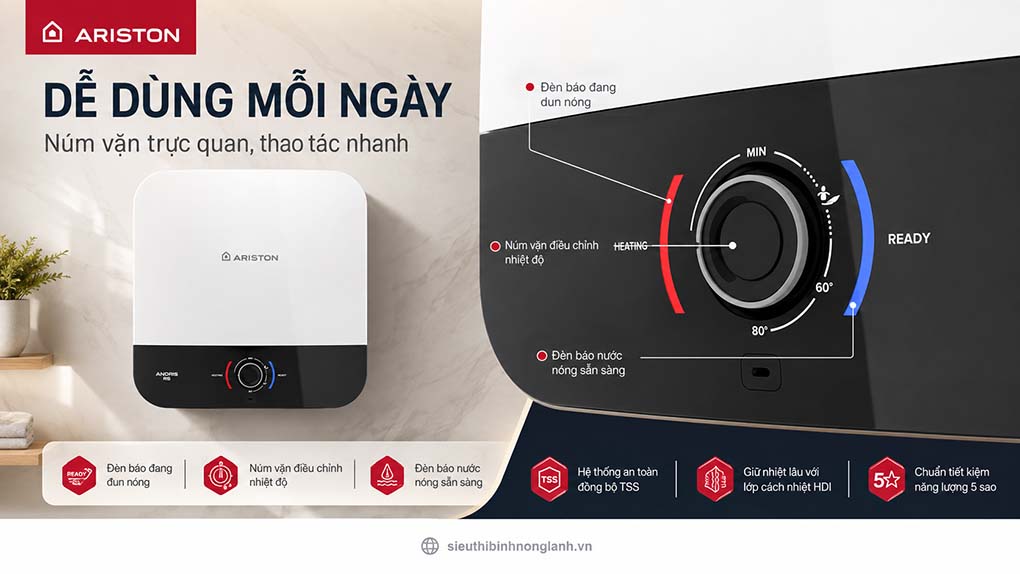 bình nóng lạnh ariston andris3 rs có 2 đèn báo khi đun và khi đủ nhiệt