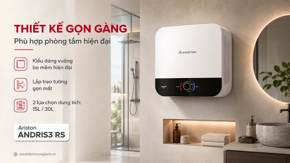 ANDRIS3 là dòng bình nước nóng gián tiếp thiết kế dáng vuông nhỏ gọn