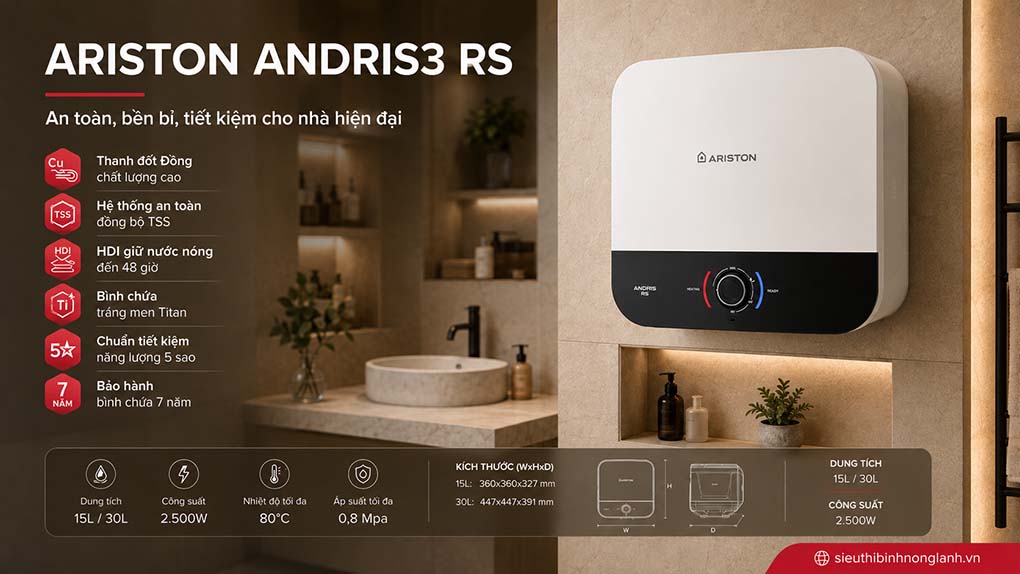 bình nóng lạnh ariston andris3 rs trang bị nhiều tính năng an toàn bền bỉ