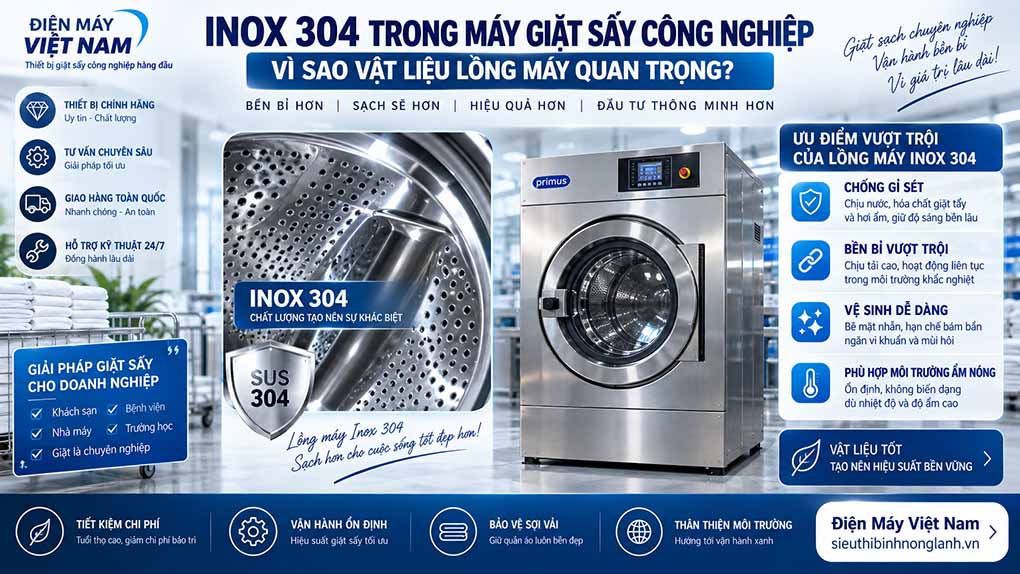 Inox 304 trong máy giặt sấy công nghiệp: vì sao vật liệu lồng máy quan trọng?