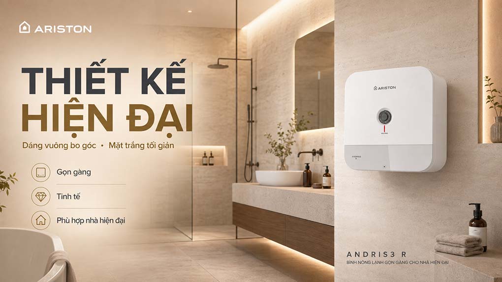 Ariston ANDRIS3 R sở hữu kiểu dáng bình vuông đặc trưng của dòng Andris, với thiết kế gọn gàng và hiện đại.