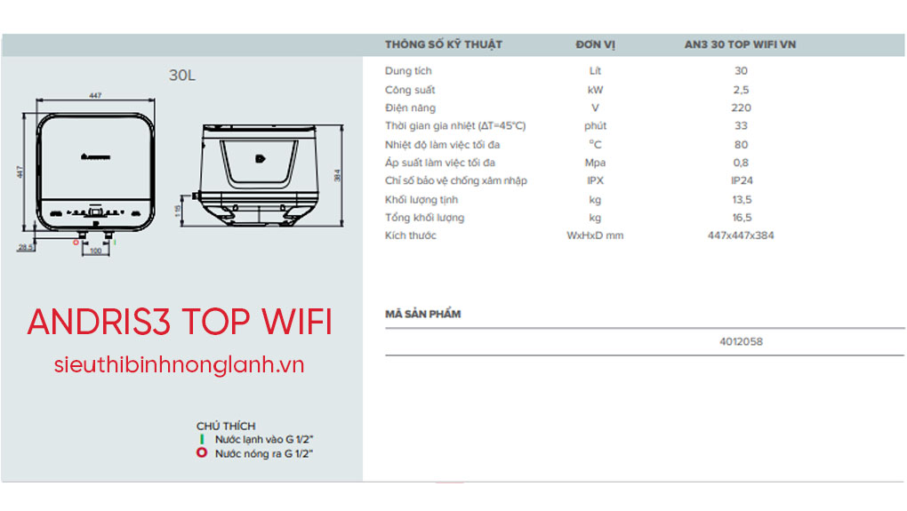 ảnh thông số kỹ thuật của Bình nóng lạnh Ariston ANDRIS3 TOP WIFI 30L