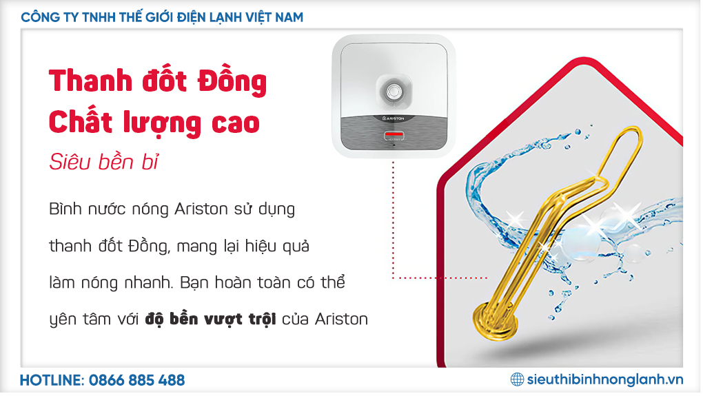 Thanh đốt 100% đồng: Đảm bảo khả năng làm nóng nhanh, kéo dài tuổi thọ của bình, chống ăn mòn và giữ nước luôn sạch sẽ