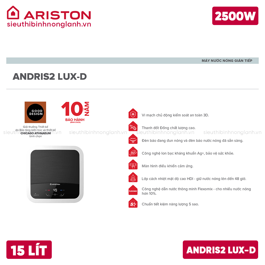 Tính năng nổi bật bình nóng lạnh ariston Andris2 LUX-D 15 Lít