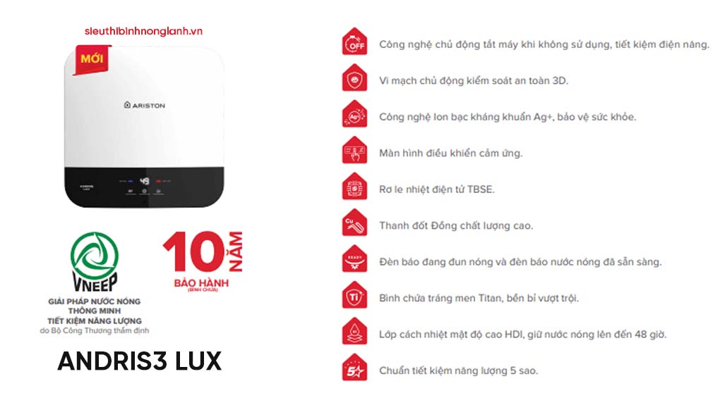 Bình nóng lạnh Ariston ANDRIS3 LUX 30L có rất nhiều tính năng an toàn