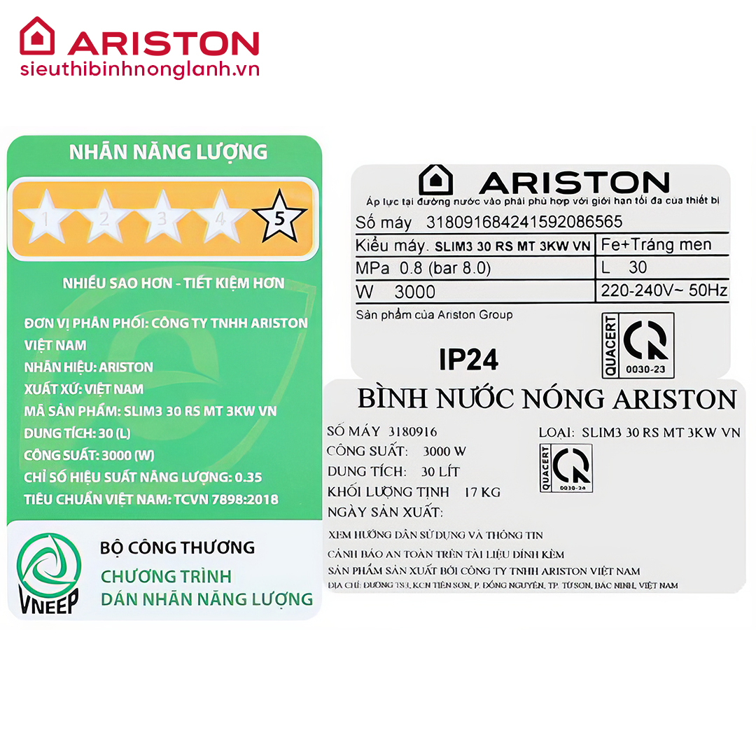 Tem thông tin Bình nóng lạnh Ariston 30L SLIM3 30 RS MT 3KW