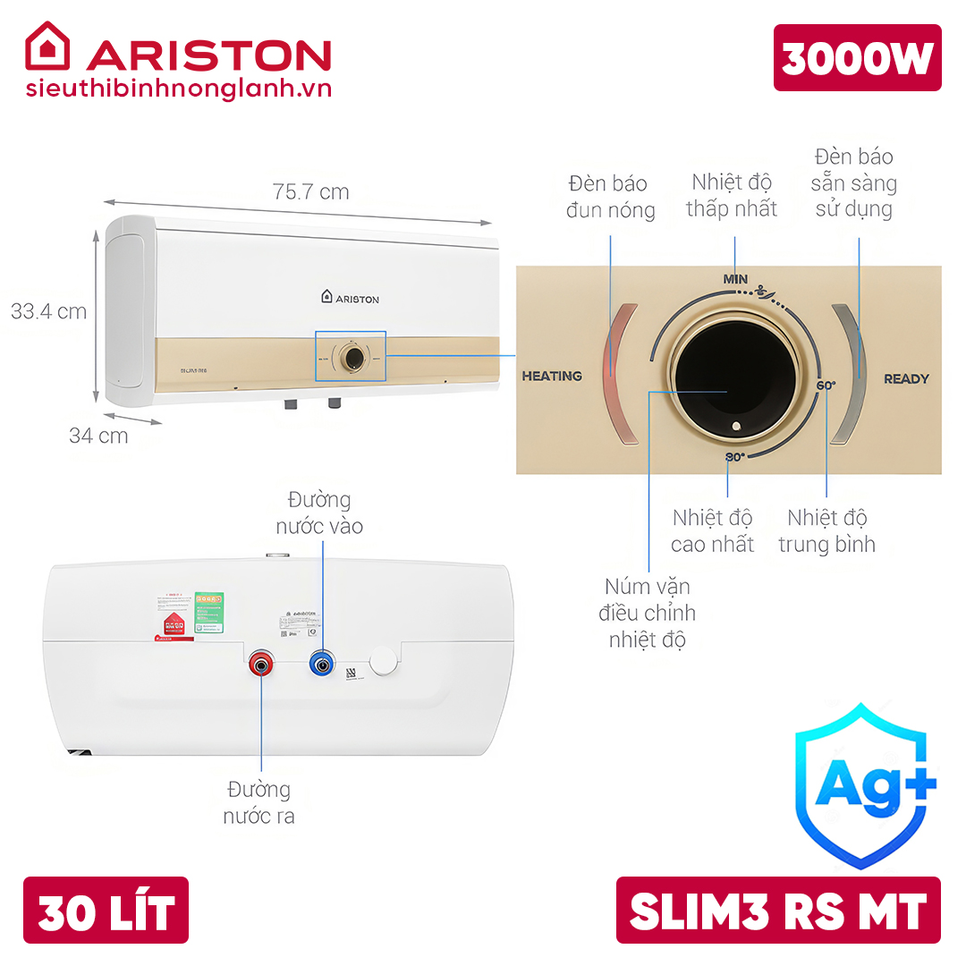 Kích thước tối ưu: 757 x 348 x 334 mm của bình ariston slim3 30 rs mt, phù hợp với mọi không gian, kể cả phòng tắm nhỏ.