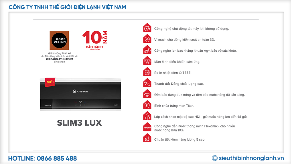 Bình nóng lạnh Ariston 20 LÍT SLIM3 20 LUX VN AG+