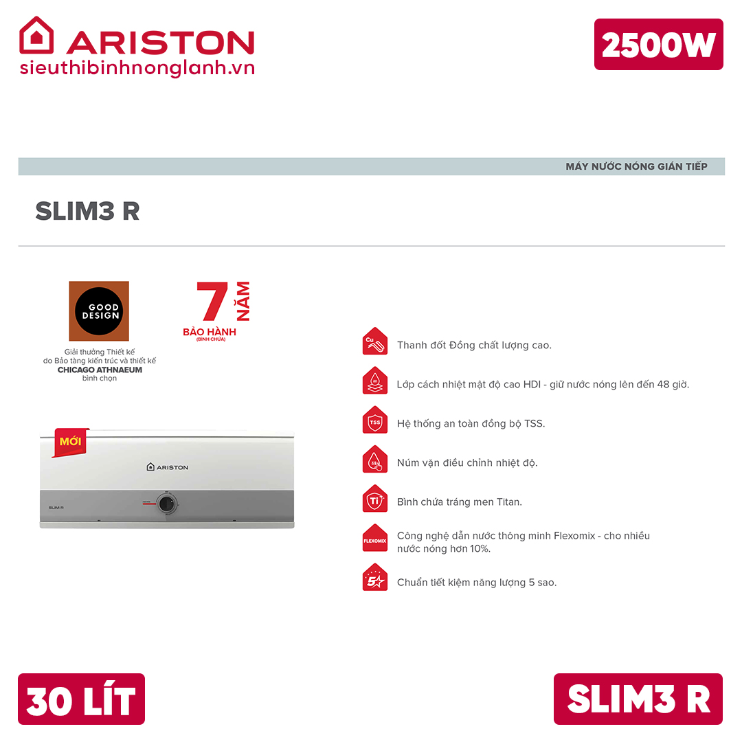 Tính năng nổi bật của bình nóng lạnh ariston slim3 30 R dung tích 30 Lít