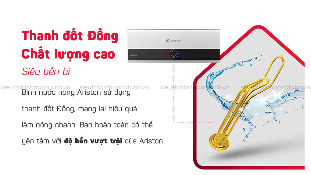Thanh đốt bằng đồng nguyên chất, dẫn nhiệt nhanh, chống bám cặn, đảm bảo nguồn nước sạch.