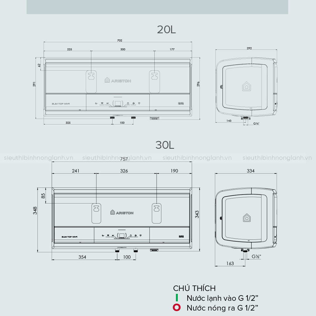 Thông số kỹ thuật bình nóng lạnh Ariston SLim3 Top wifi 20 Lít