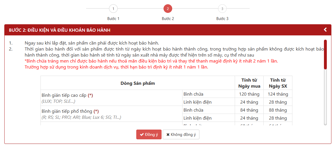 Bước 2: Đọc thông tin điều khoản bảo hành và bấm đồng ý