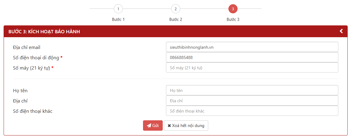 Bước 3: Điền đầy đủ thông tin cần thiết bao gồm số seri sản phẩm và thông tin liên lạc