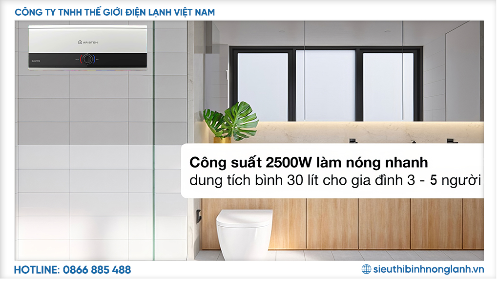 Công suất 2500W làm nóng nhanh, dung tích 30 lít phù hợp gia đình 3 - 5 người