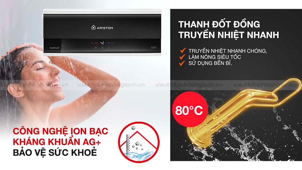 Bộ phận gia nhiệt trên bình nóng lạnh Ariston ngang Slim3 30 LUX được làm bằng đồng chất lượng cao