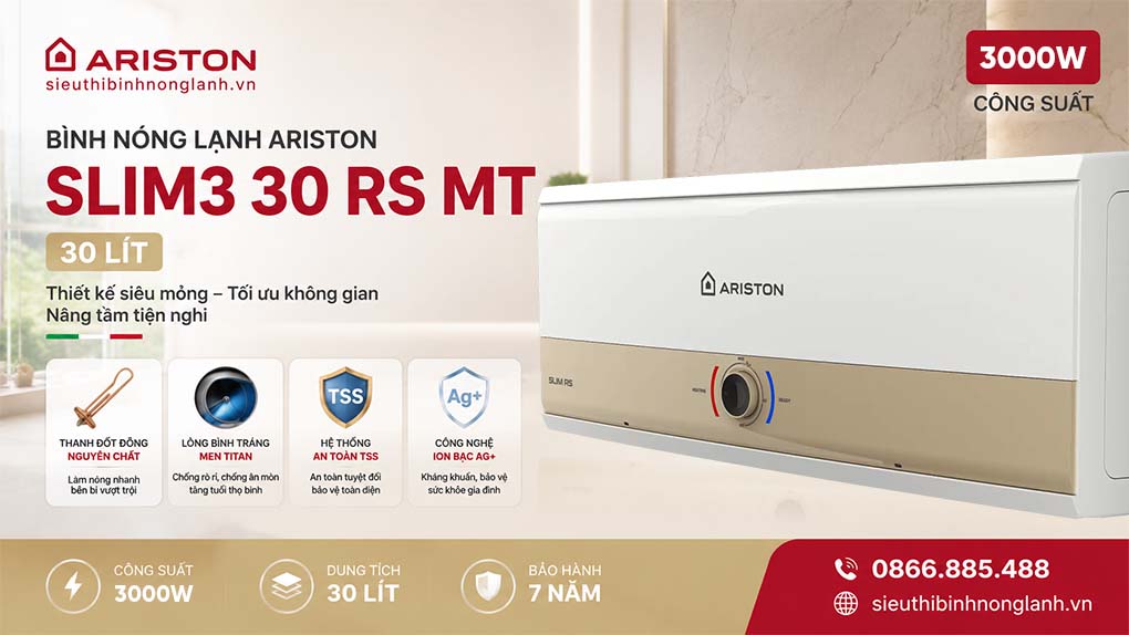 Bình nóng lạnh Ariston 30L SLIM3 30 R MT 3KW là sản phẩm máy nước nóng gián tiếp cao cấp từ thương hiệu Ariston nổi tiếng của Ý