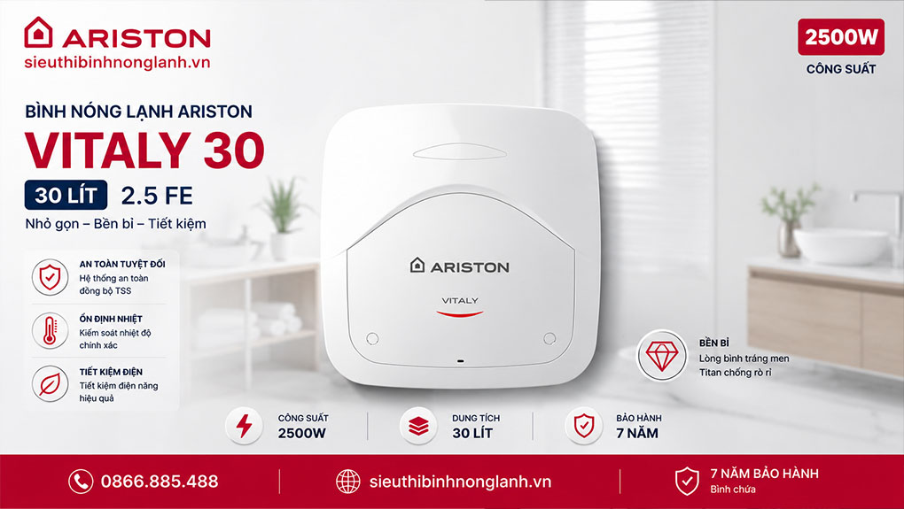 điểm nổi bật của Bình nóng lạnh Ariston 30L VITALY 30 2.5 FE