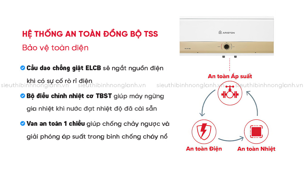 Ariston SLIM3 30 R MT 3KW được trang bị hệ thống an toàn đồng bộ TSS (Temperature Safety System) với các tính năng vượt trội