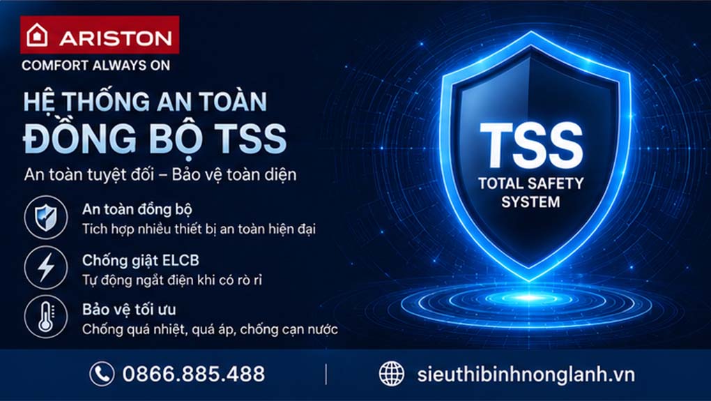 Hệ thống an toàn đồng bộ TSS nổi bật của Ariston đảm bảo yên tâm sử dụng