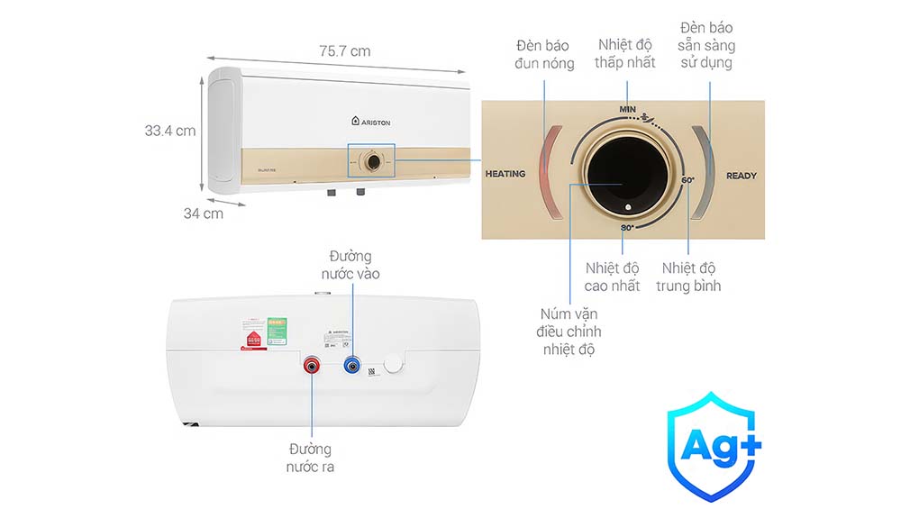 Kích thước tối ưu: 757 x 348 x 334 mm của bình ariston slim3 30 rs mt, phù hợp với mọi không gian, kể cả phòng tắm nhỏ.