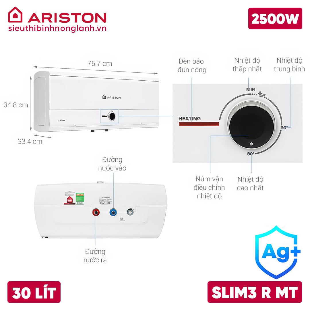 Kích thước Bình nóng lạnh Ariston 30L SLIM3 30 R MT AG+