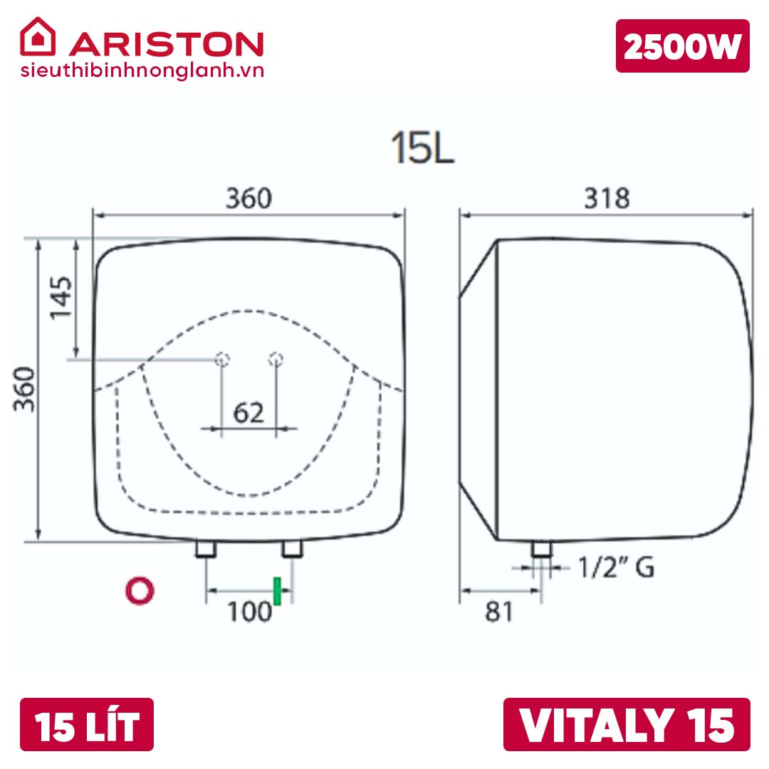 Thông số kỹ thuật bình nóng lạnh VITALY 15 LÍT