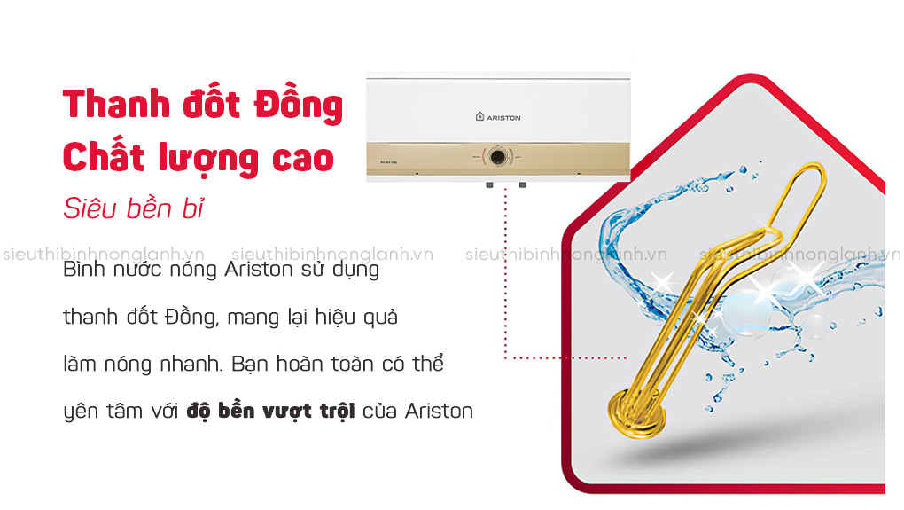 Thanh đốt bằng đồng nguyên chất, bền bỉ, dẫn nhiệt nhanh, chống bám cặn, đảm bảo nguồn nước sạch.