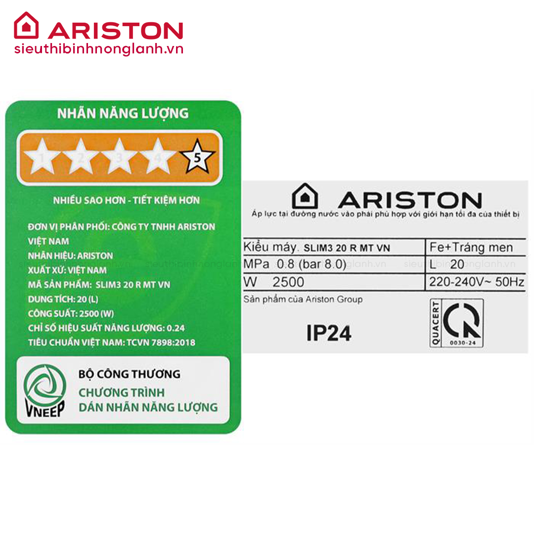 Tem nhãn Bình nóng lạnh Ariston 20L SLIM3 20 R MT VN