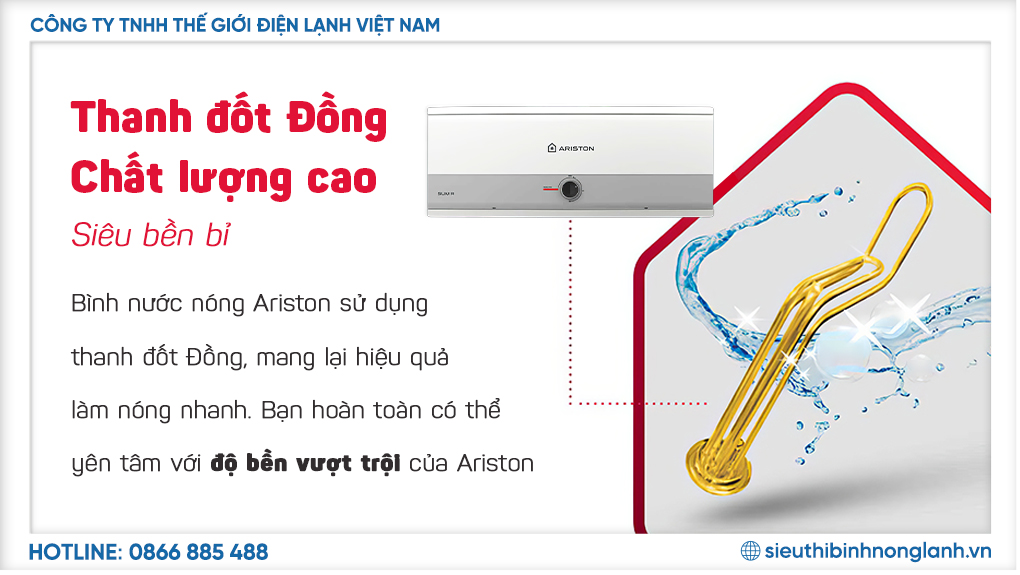 Thanh đốt 100% đồng: Đảm bảo khả năng làm nóng nhanh, kéo dài tuổi thọ của bình, chống ăn mòn và giữ nước luôn sạch sẽ