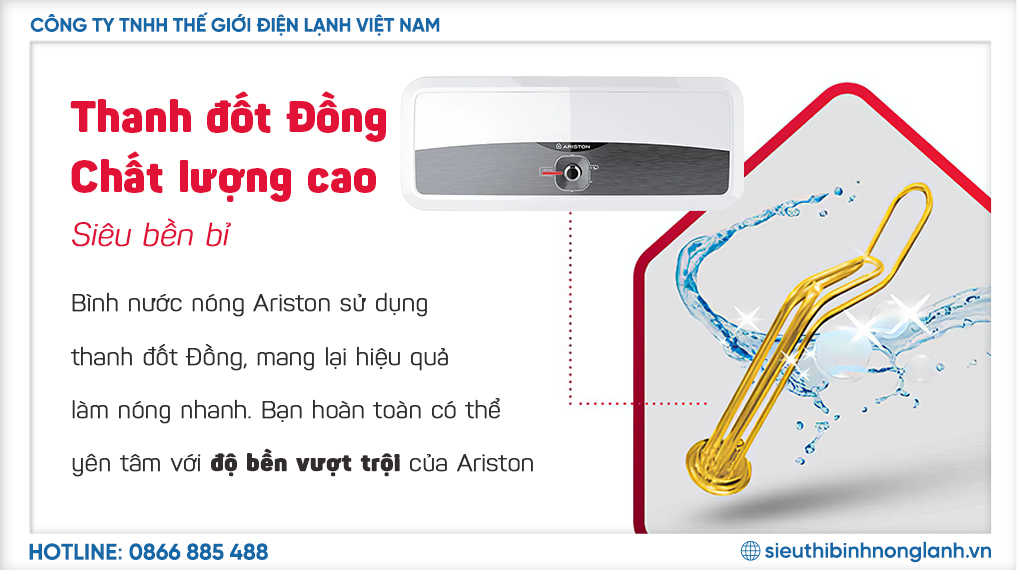 Thanh đốt 100% đồng: Đảm bảo khả năng làm nóng nhanh, kéo dài tuổi thọ của bình, chống ăn mòn và giữ nước luôn sạch sẽ