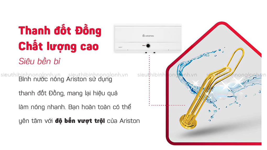 Thanh đốt bằng đồng nguyên chất có độ bền cao, dẫn nhiệt tốt, làm nóng nhanh và chống bám cặn.