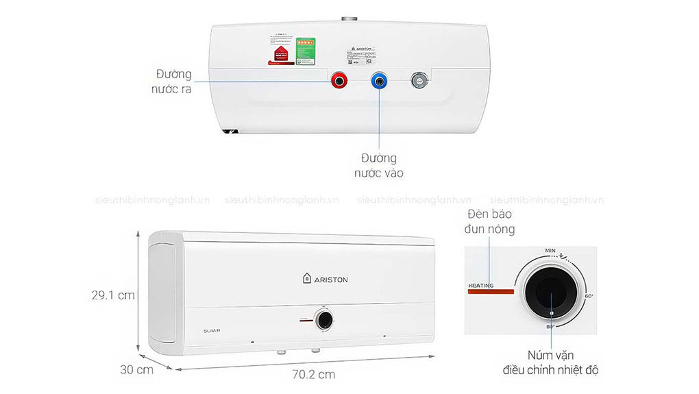Thông số kích thước của bình nóng lạnh ariston 20l slim3 20 R MT VN