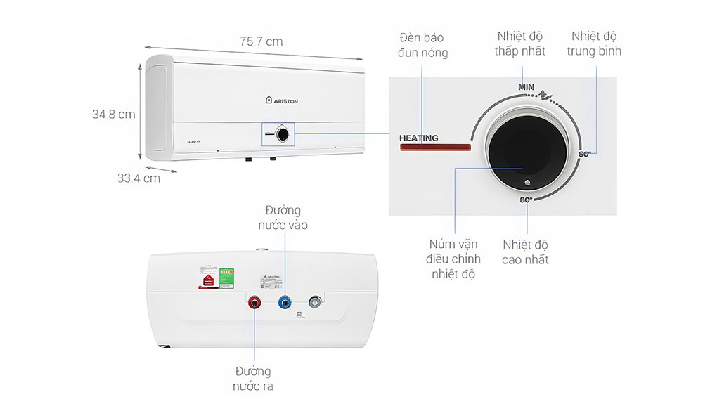 Thông số kích thước bình nóng lạnh ariston 30L SLIM3 30 R MT VN