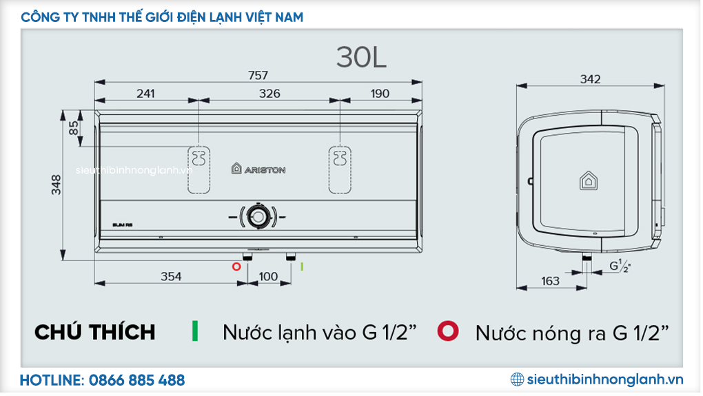 Kích thước bình nóng lạnh SLIM3 30 RS