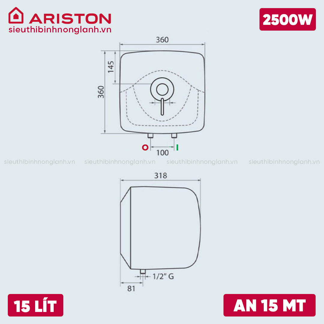 Bình nóng lạnh Ariston 15L AN 15 2.5 FE MT có kích thước nhỏ gọn