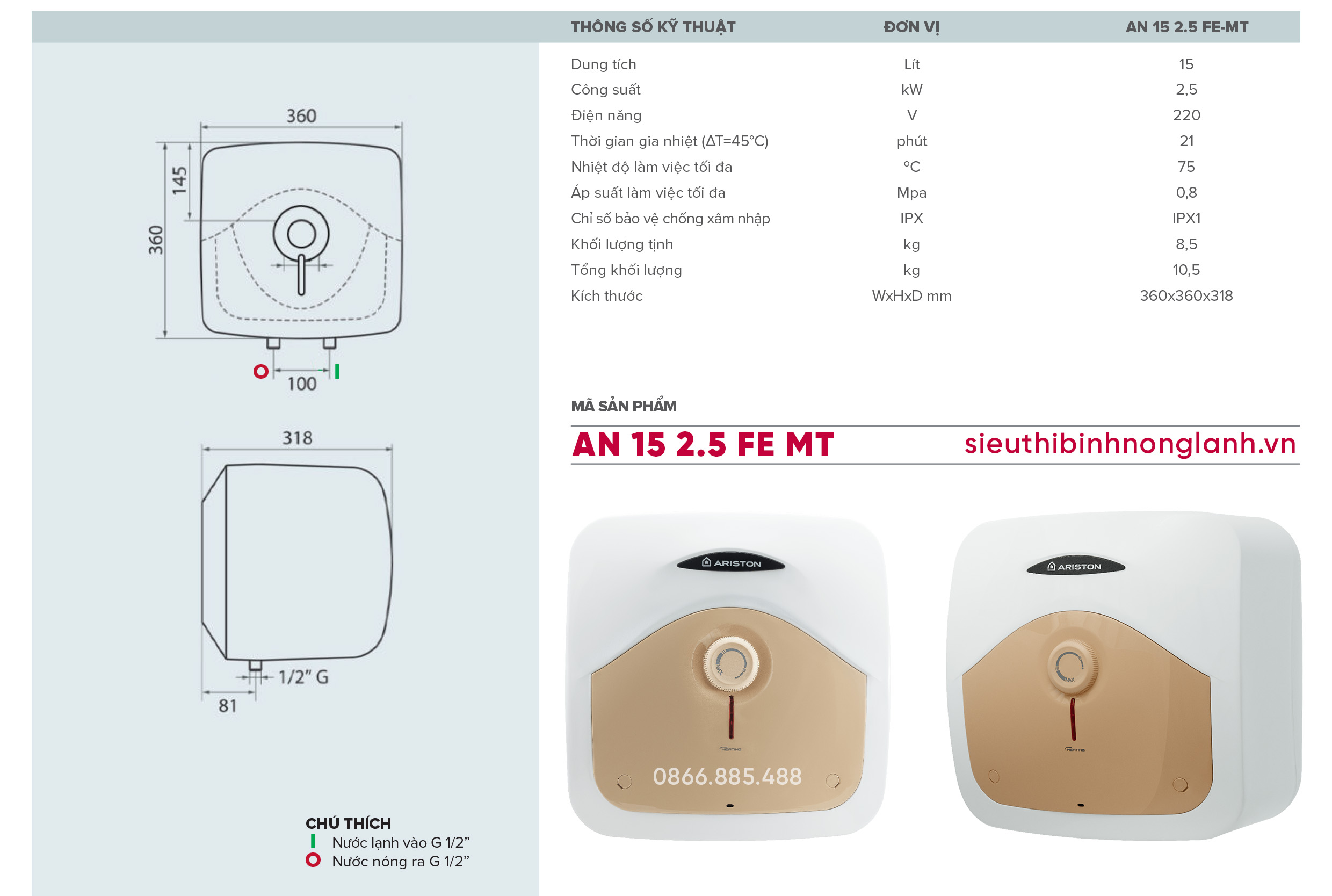 Thông Số Kỹ Thuật bình nóng lạnh Ariston AN 15 2.5 FE MT 15 lít