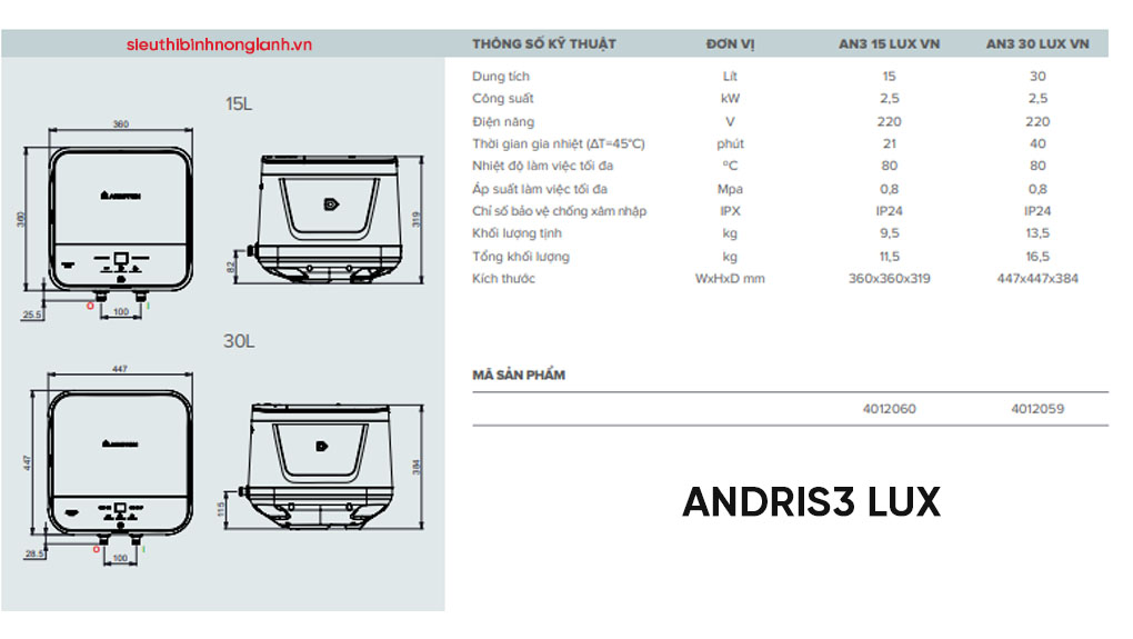 thông số kỹ thuật Bình nóng lạnh Ariston ANDRIS3 LUX 30L