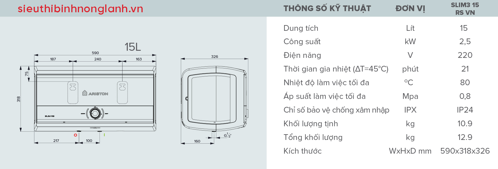 Thông Số Kỹ Thuật bình nóng lạnh Ariston SLIM3 RS 15 lít