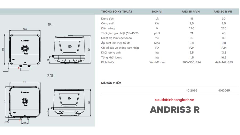 thông số kỹ thuật của Bình nóng lạnh Ariston ANDRIS3 R 15L