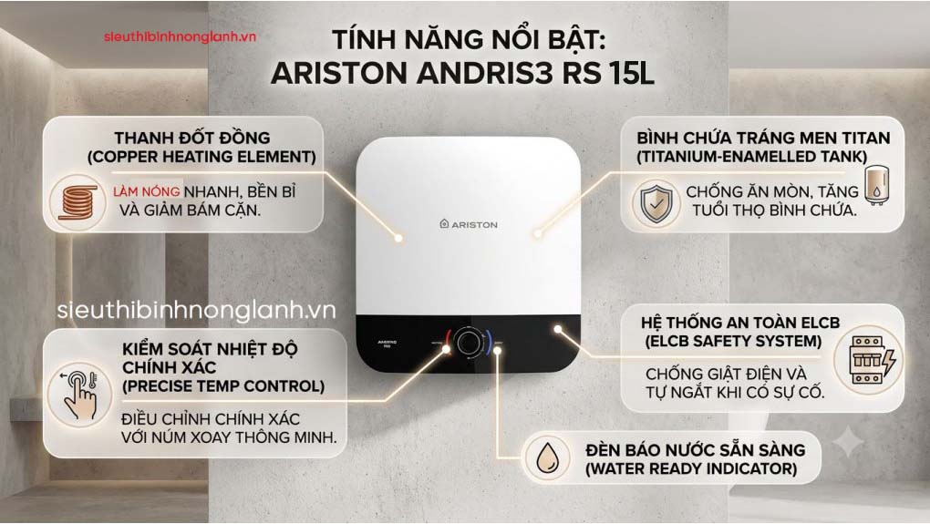bình nóng lạnh ariston AN3 15 RS VN có nhiều tính năng nổi bật