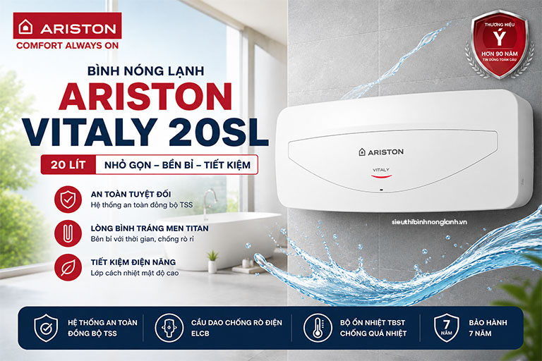 Tính năng nổi bật của Bình nóng lạnh Ariston 20L VITALY 20 SLIM