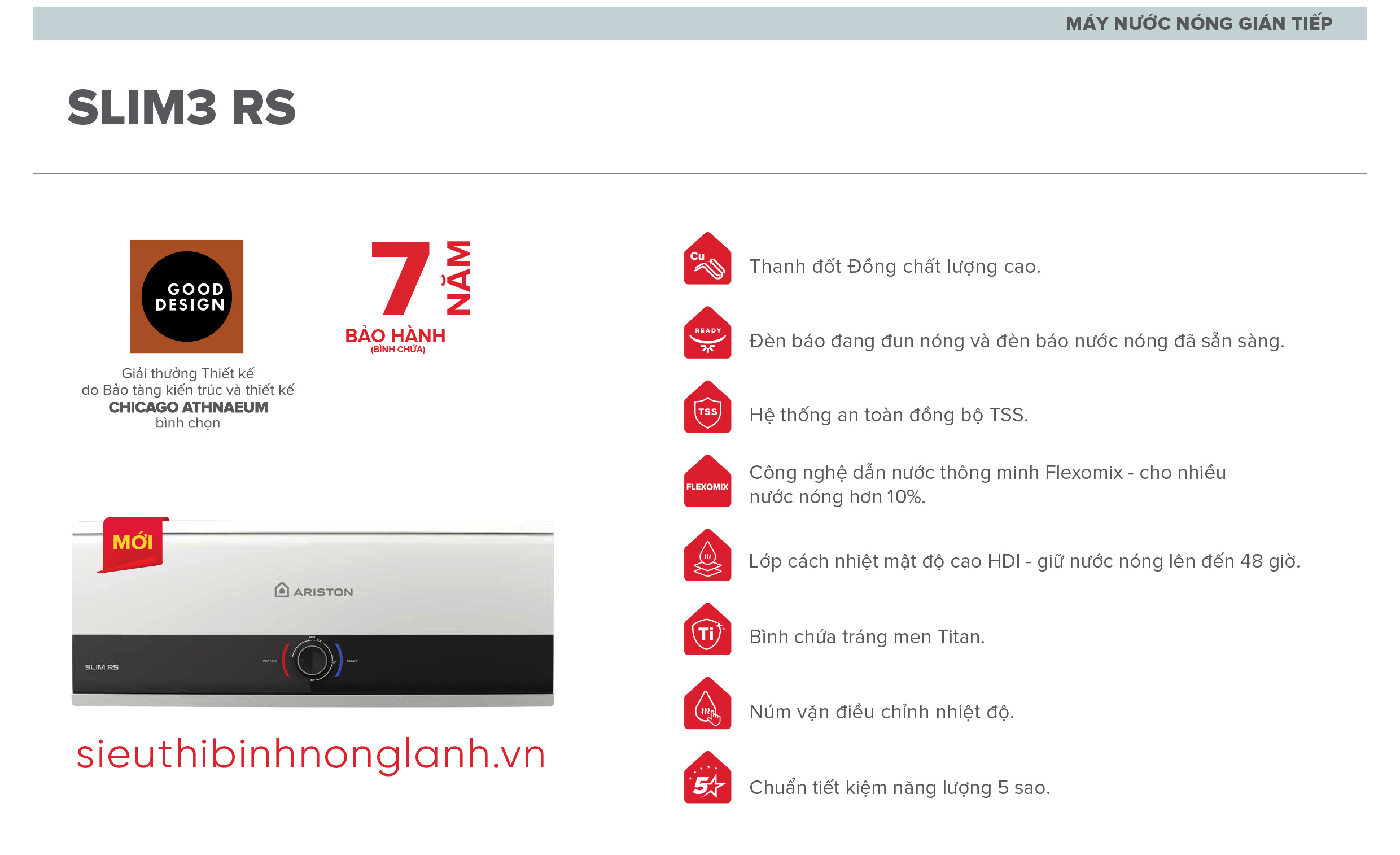 Bình nóng lạnh Ariston SLIM3 15 RS VN là sản phẩm gián tiếp cao cấp thuộc dòng SLIM3 của thương hiệu Ariston nổi tiếng từ Ý