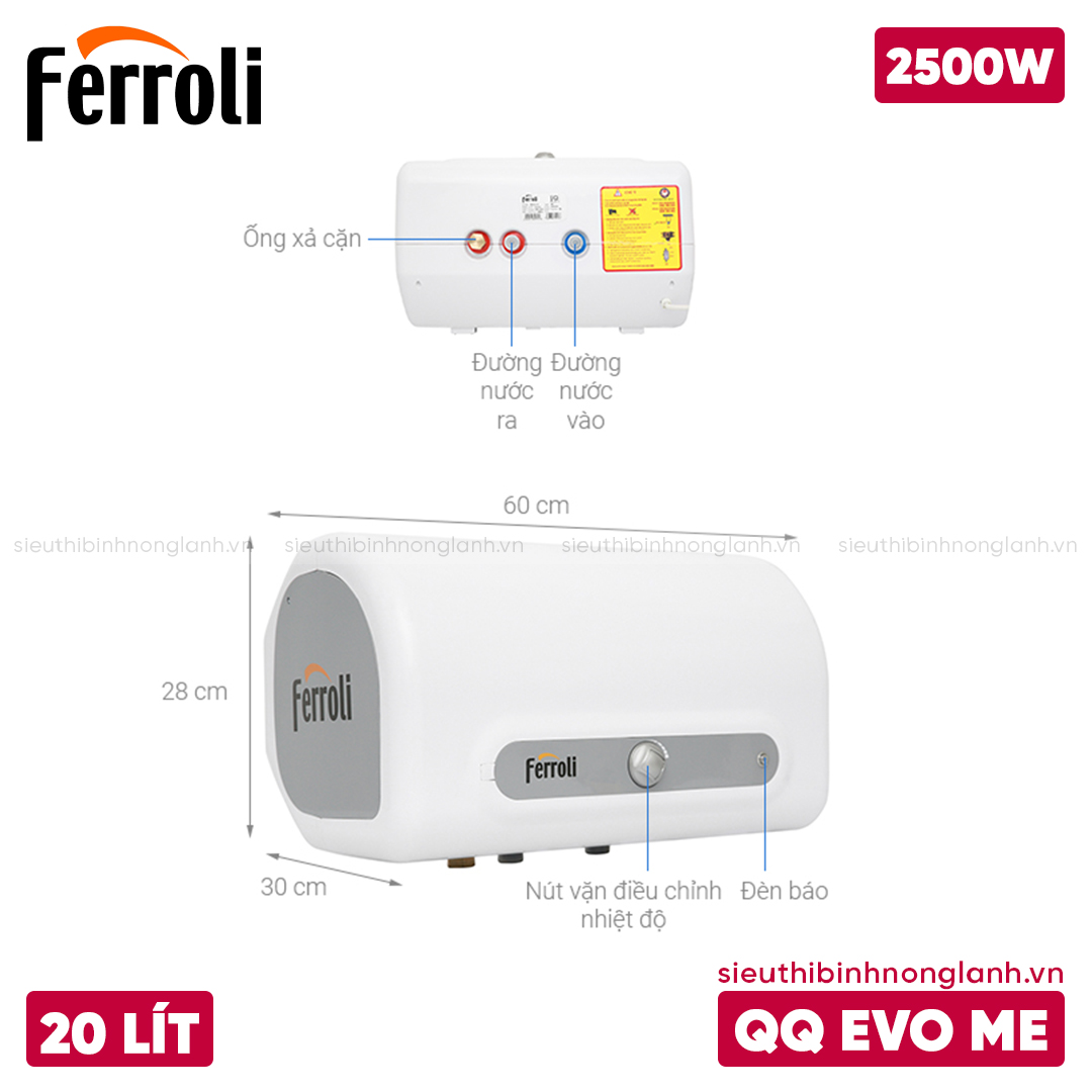 Kích thước bình nóng lạnh ferroli QQ EVO ME 20 LÍT