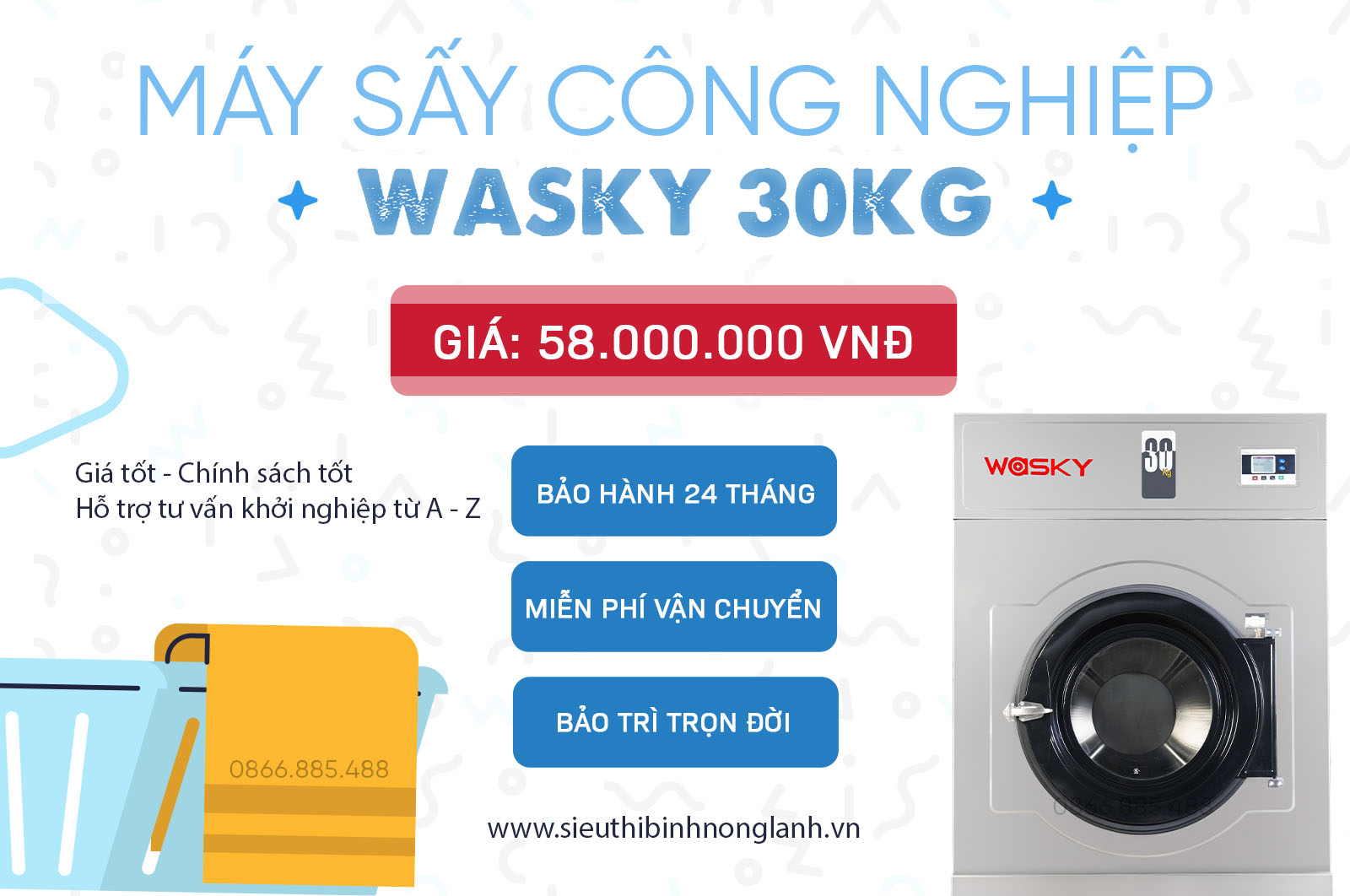 Máy sấy công nghiệp Wasky 30kg là dòng sản phẩm thế hệ mới nhất, được thiết kế để đáp ứng nhu cầu sấy khô khối lượng lớn tại các cơ sở giặt là chuyên nghiệp