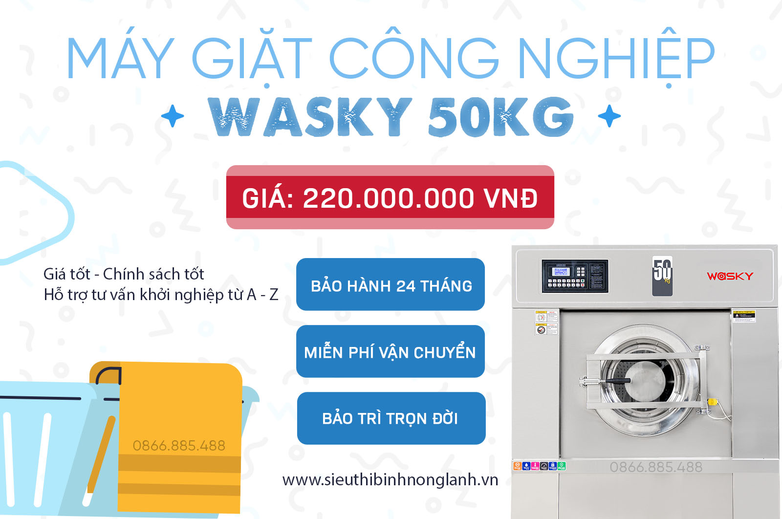 Máy giặt công nghiệp Wasky 50kg là sản phẩm chân mềm thế hệ mới nhất