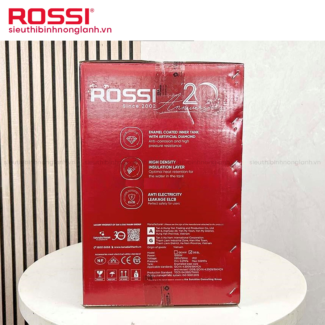 Bình nóng lạnh ROSSI 6 LÍT R20 06 BL vỏ hộp mặt hông