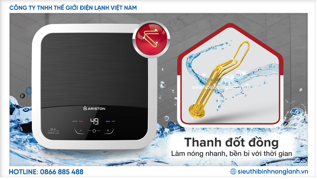 Thanh đốt 100% đồng: Đảm bảo khả năng làm nóng nhanh, kéo dài tuổi thọ của bình, chống ăn mòn và giữ nước luôn sạch sẽ